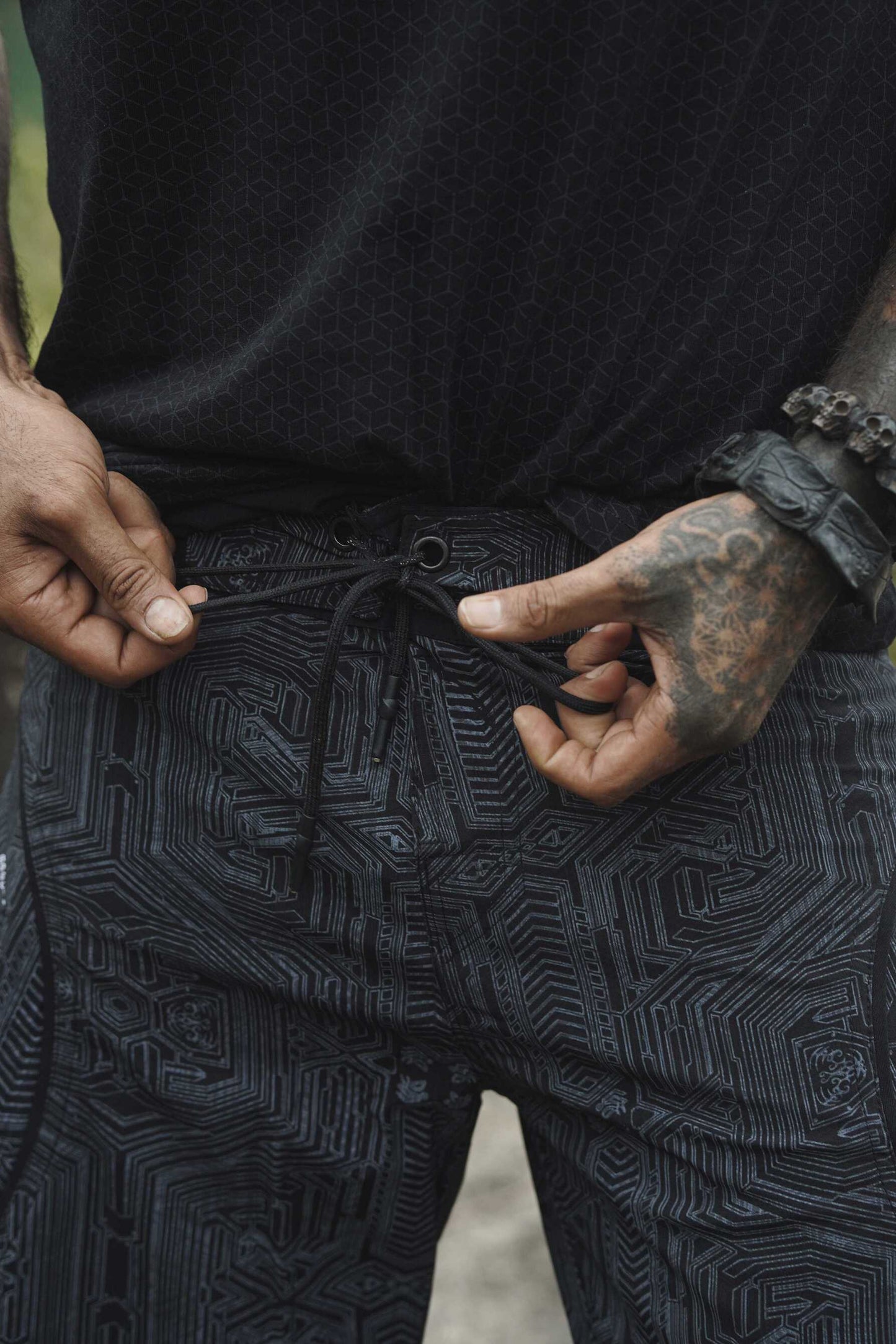 cyberpunk swim shorts for men drawstring waistband black geometric pattern detail