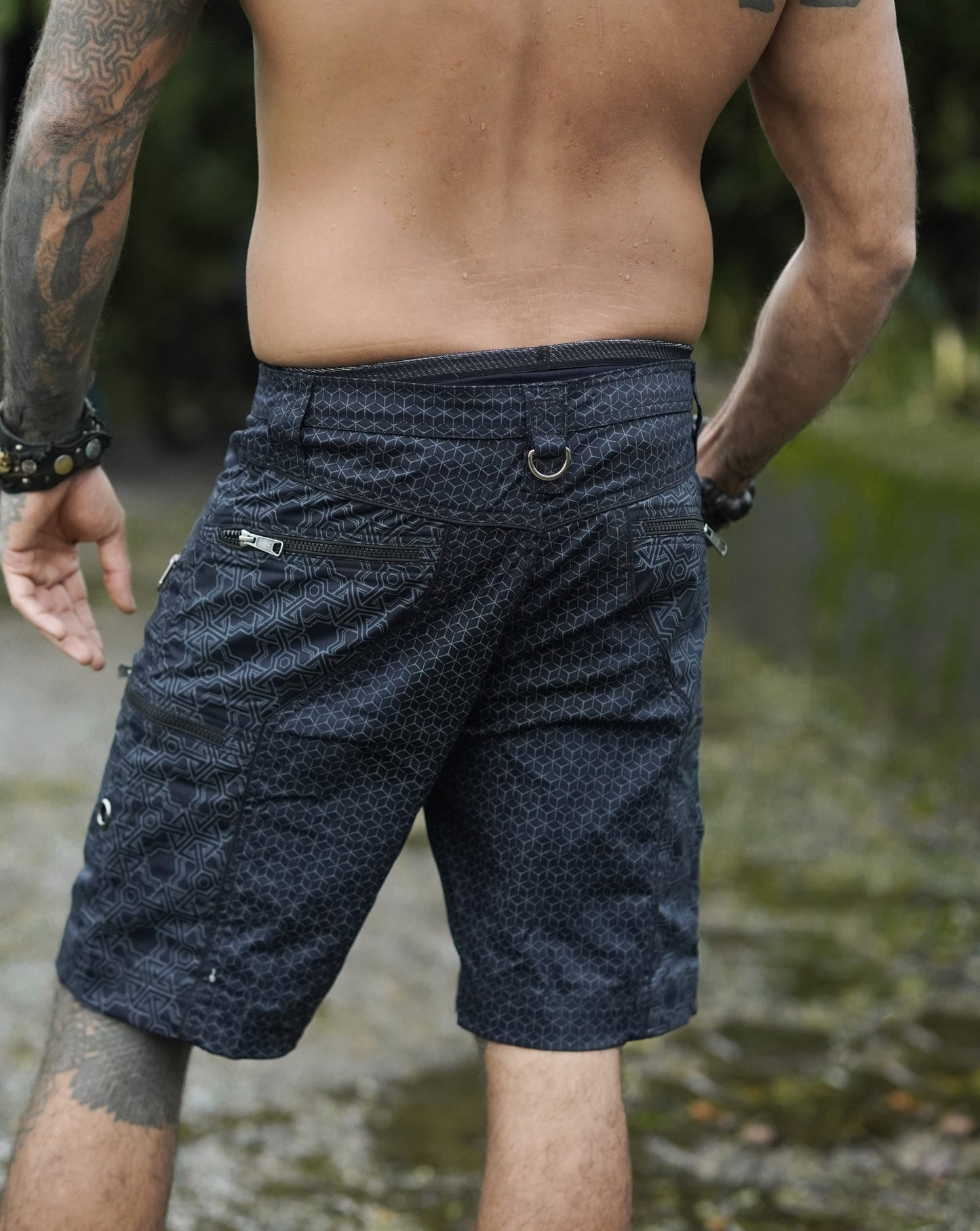 mens black above knee shorts back view adjustable waistband detail