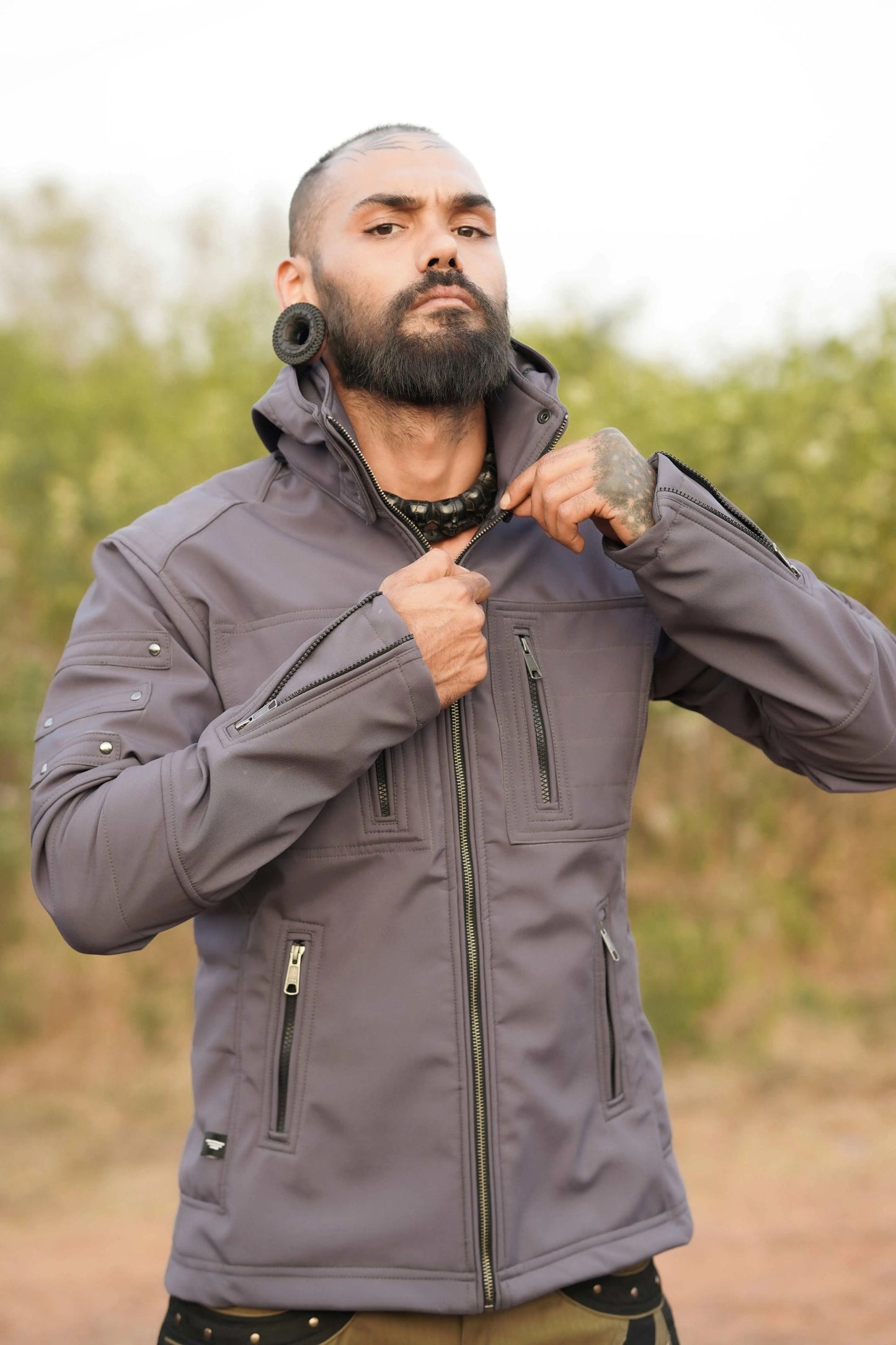 Windproof Festival Jacket – Armor 2.0 Olive Green Futuristic Hooded Jacket