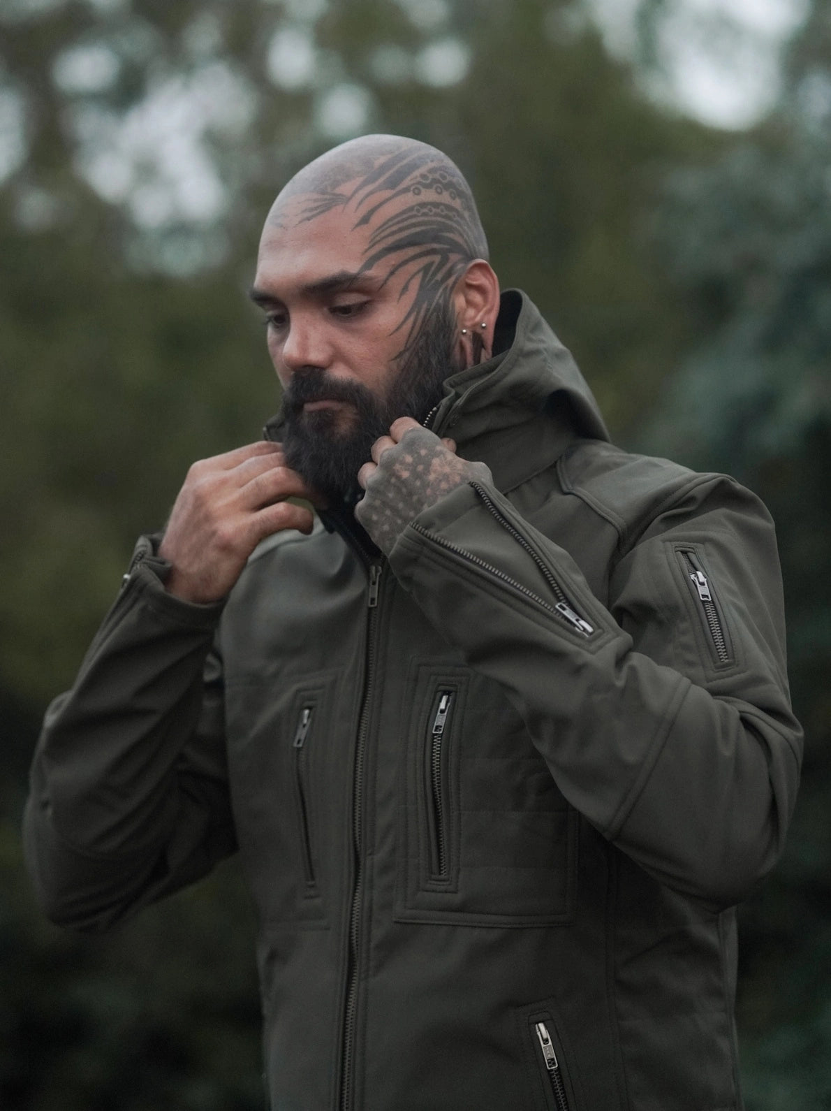 Windproof Festival Jacket – Armor 2.0 Olive Green Futuristic Hooded Jacket