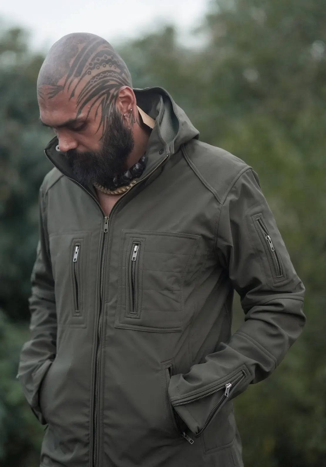 Windproof Festival Jacket – Armor 2.0 Olive Green Futuristic Hooded Jacket
