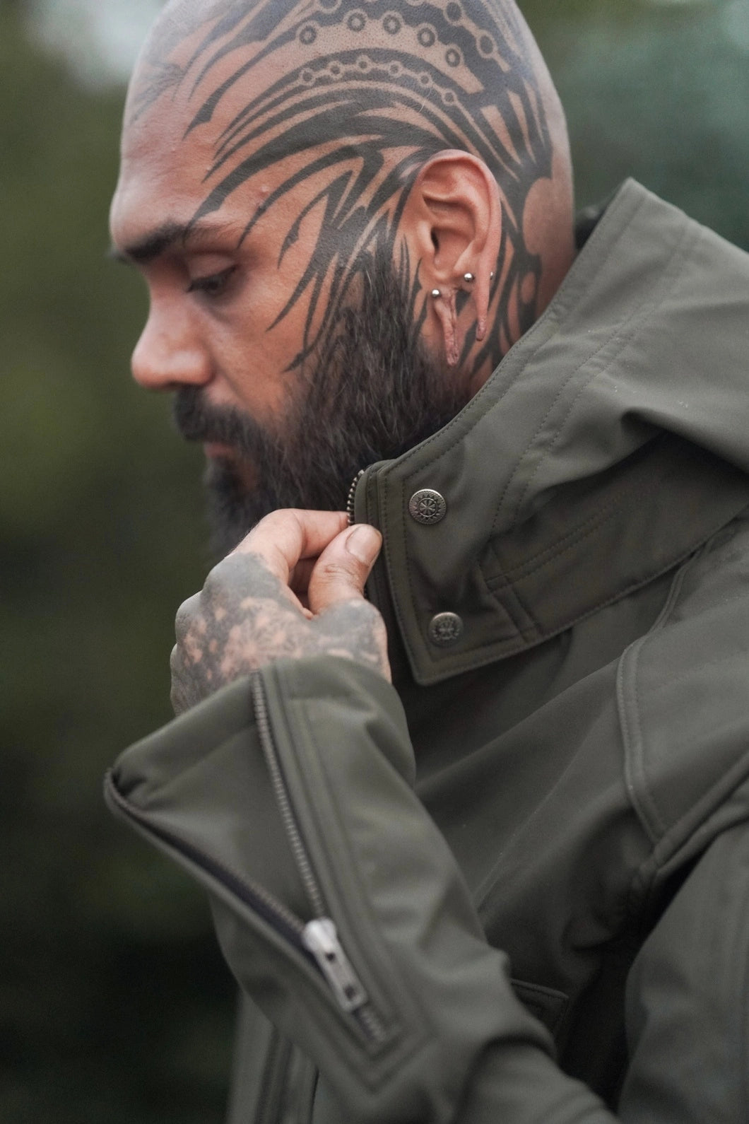 Windproof Festival Jacket – Armor 2.0 Olive Green Futuristic Hooded Jacket