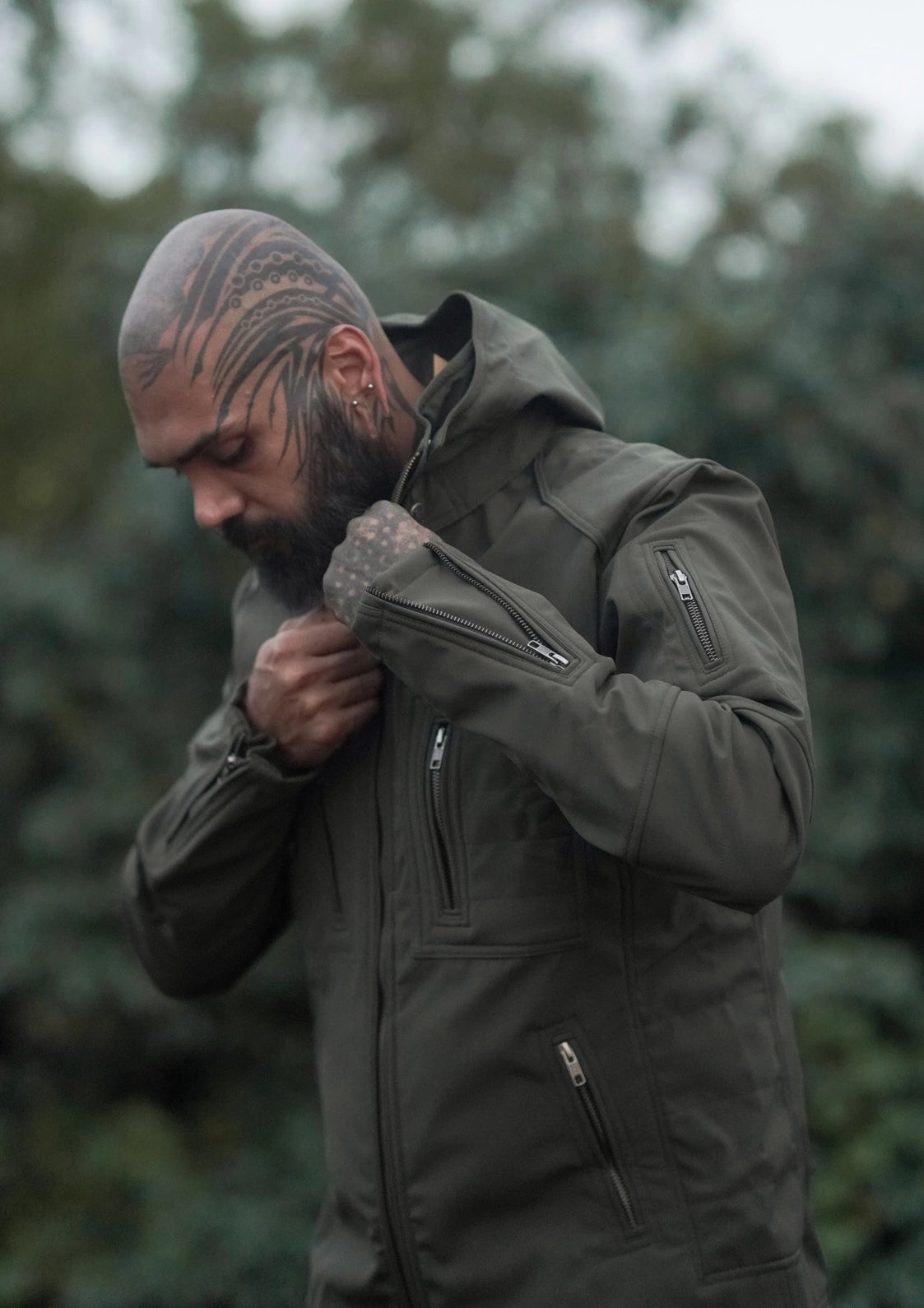 Windproof Festival Jacket – Armor 2.0 Olive Green Futuristic Hooded Jacket
