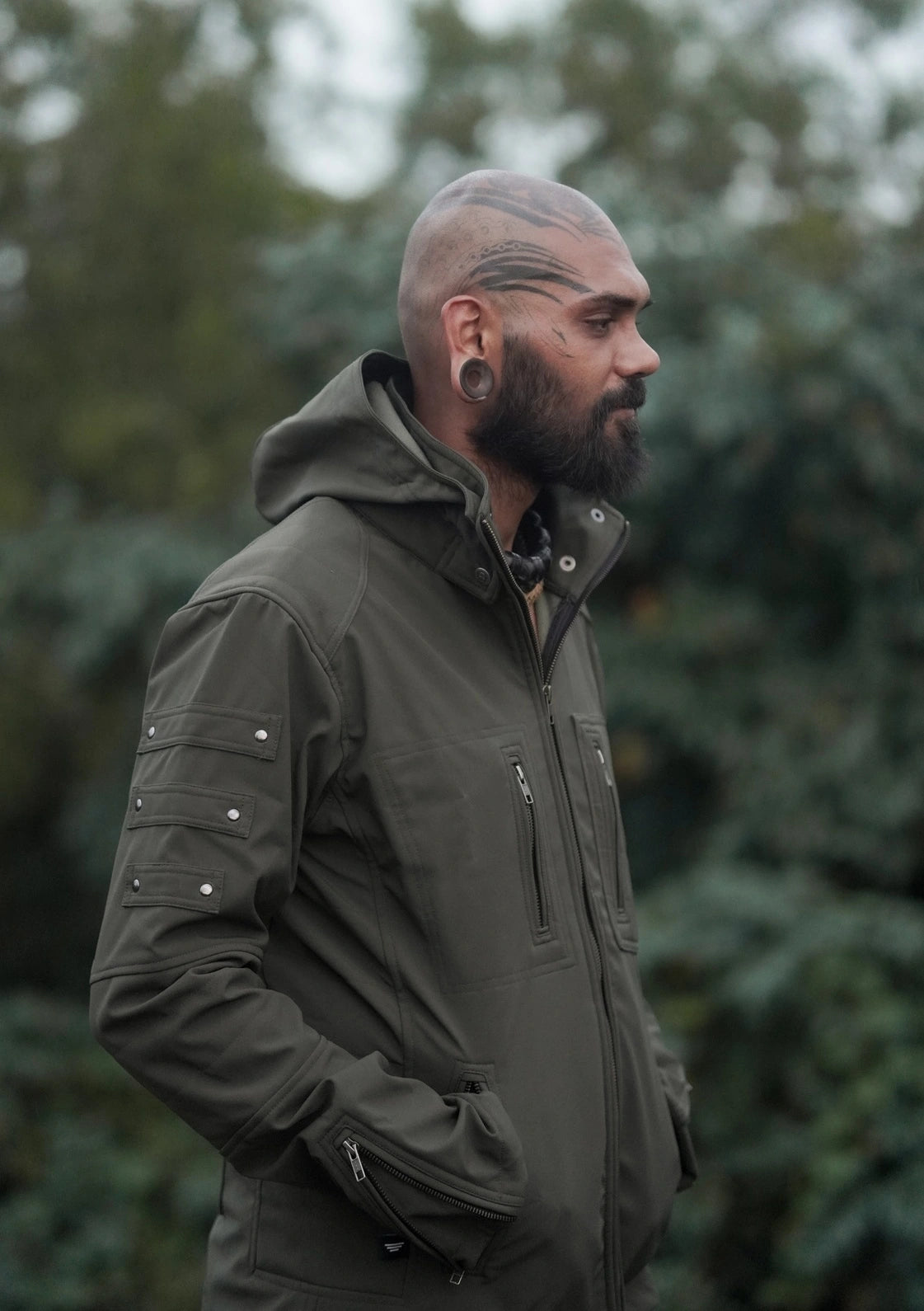 Windproof Festival Jacket – Armor 2.0 Olive Green Futuristic Hooded Jacket