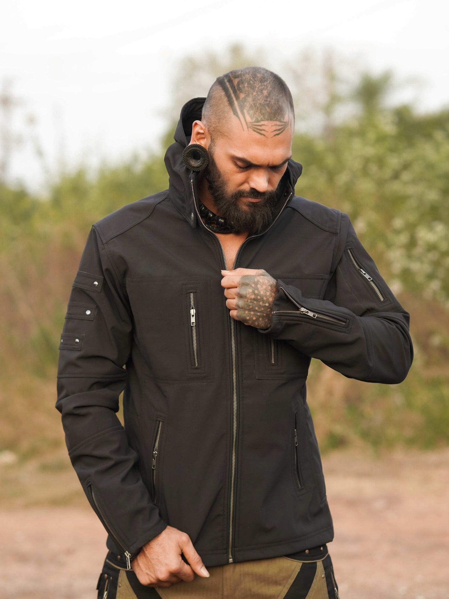 Windproof Festival Jacket – Armor 2.0 Olive Green Futuristic Hooded Jacket