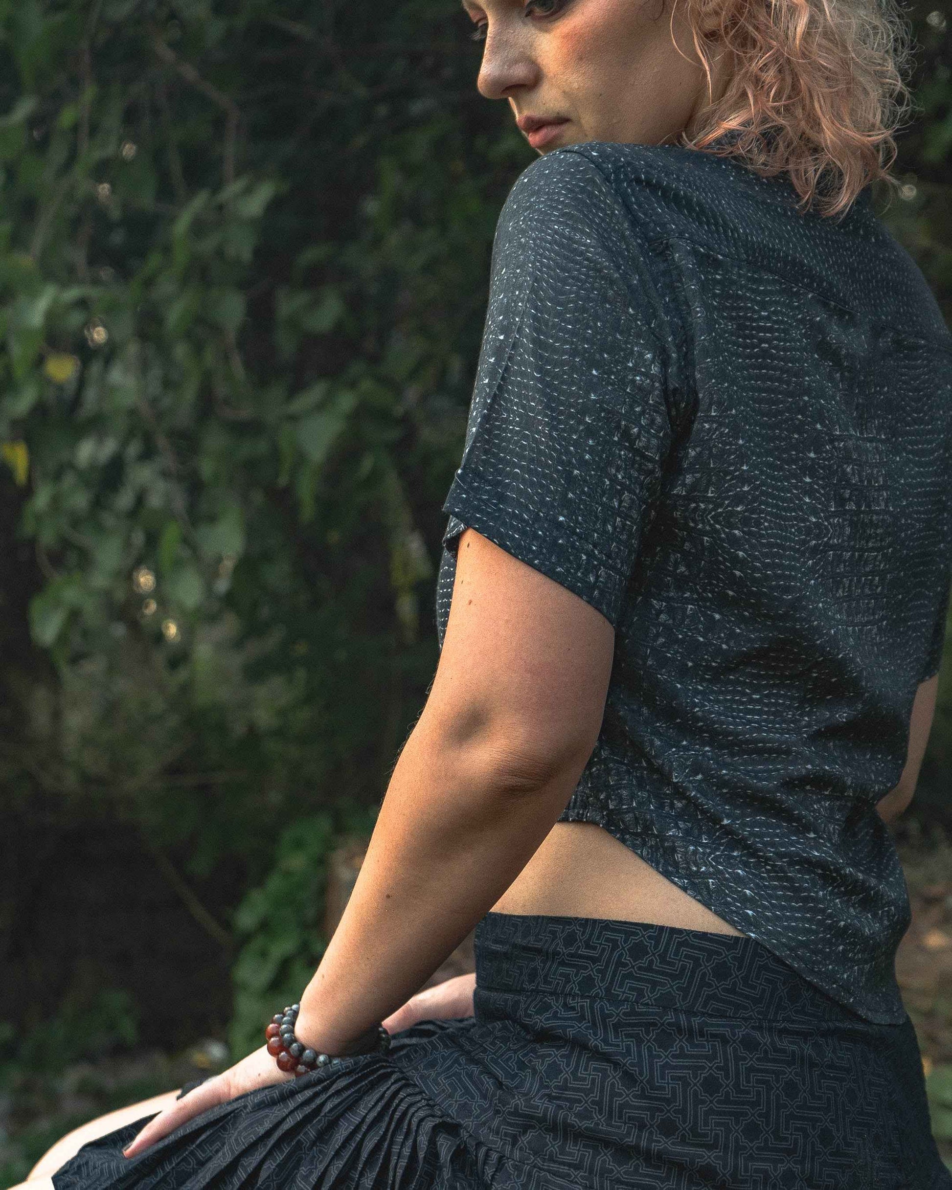 BLACK ILLUSION | Bamboo Fabric Women's Crop Shirt | Psychedelic Kaleidoscope Top