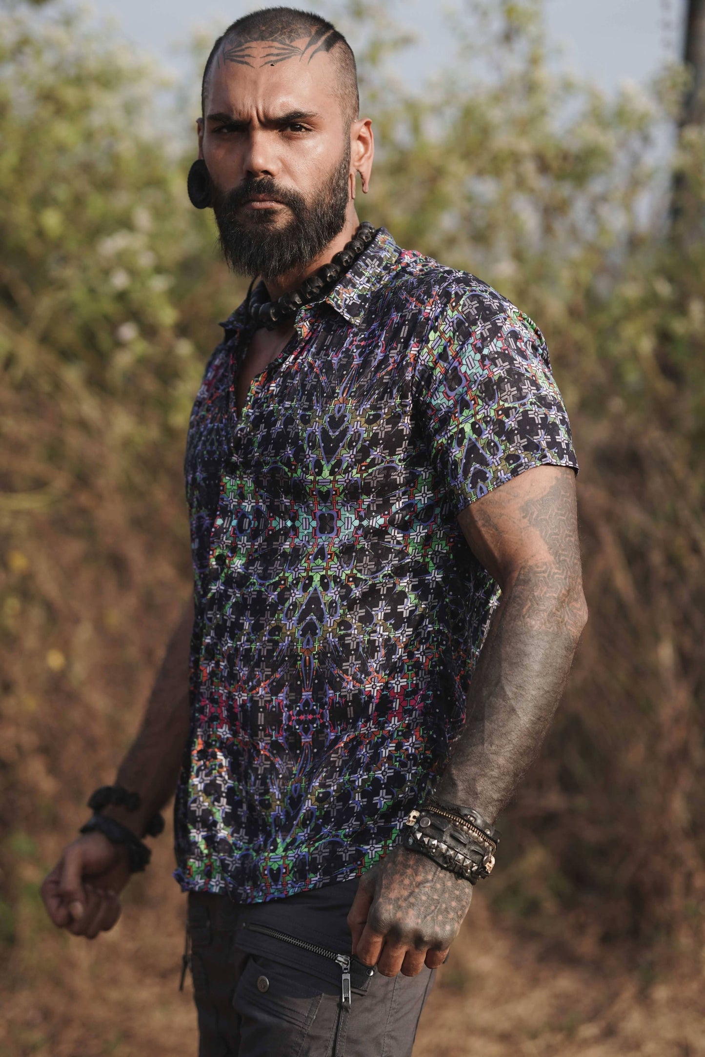 EQUILIBRIUM v2 men’s bamboo shirt featuring psychedelic fractal print – front view