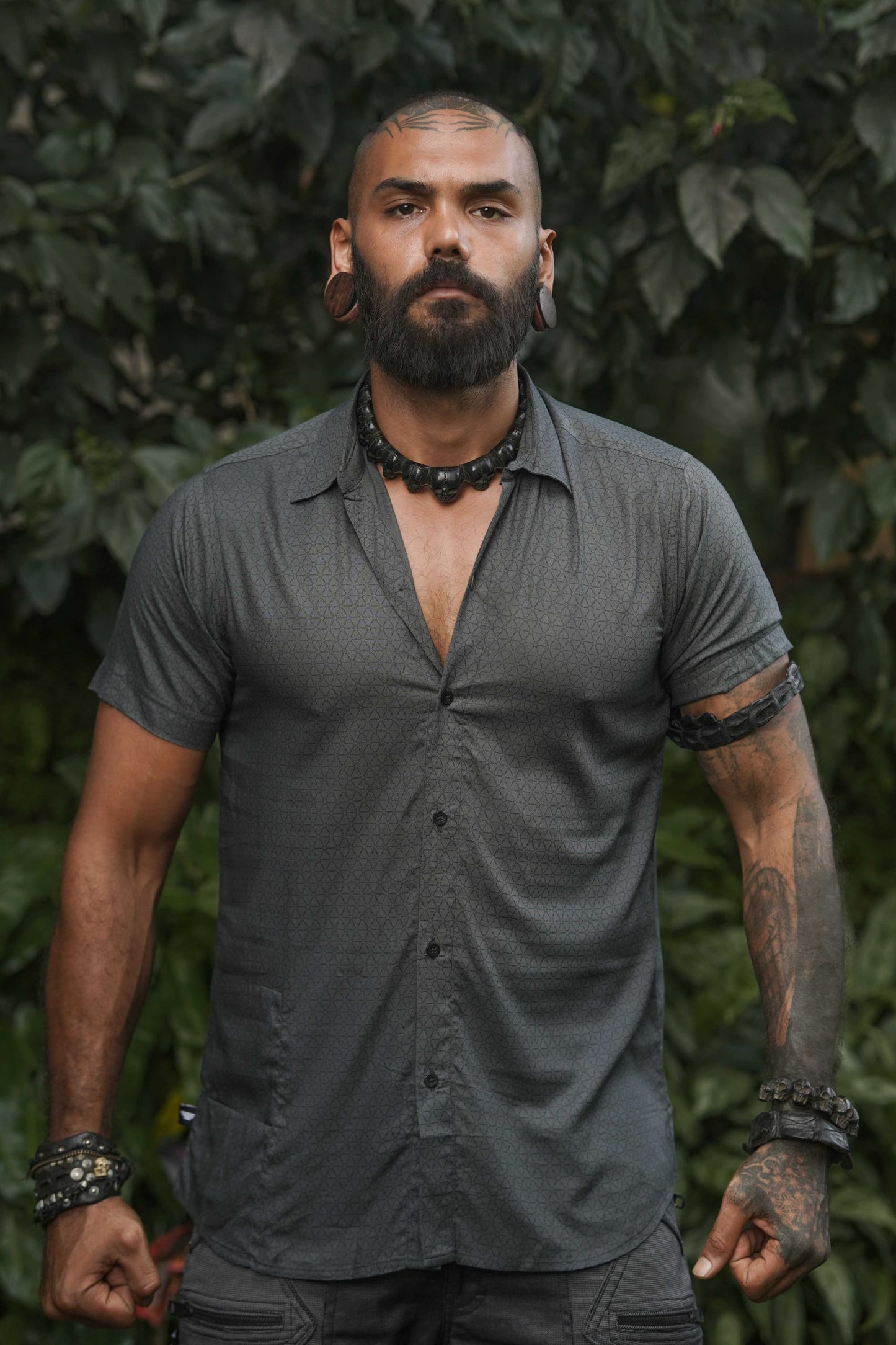 Viscose short sleeve shirt with Flower of Life print – front view