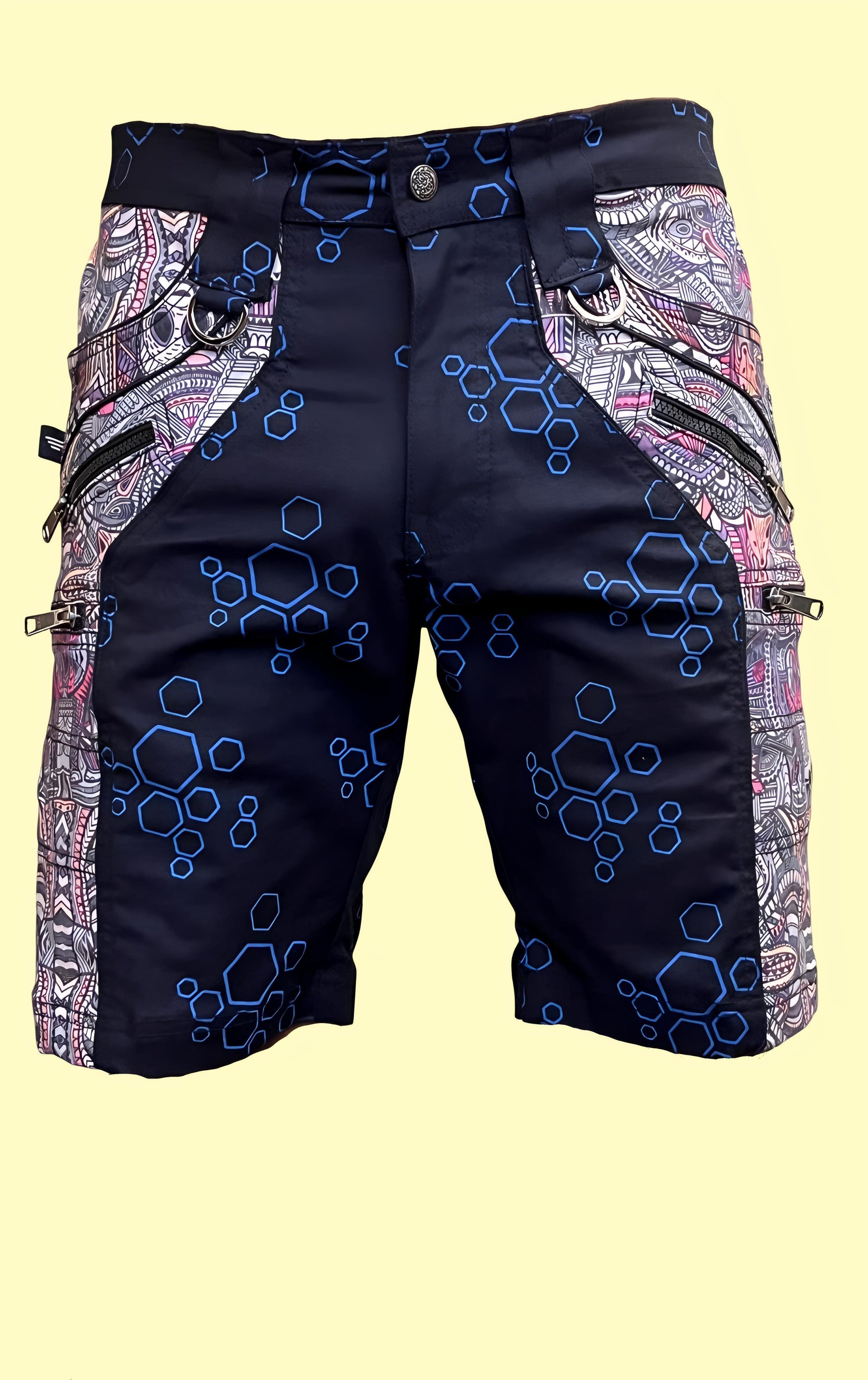 Above knee shorts for men with psychedelic geometric print and stretchable cotton fabric