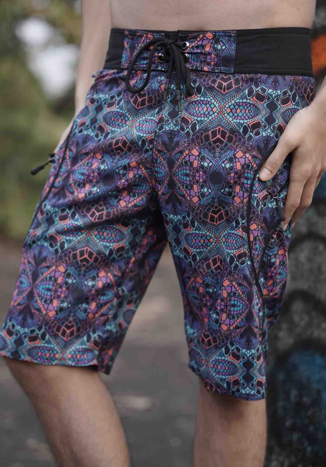 kaleidoscope printed swim shorts for men psychedelic pattern front view