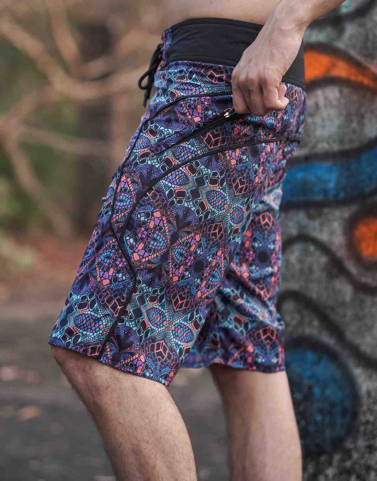psychedelic kaleidoscope swim shorts zipper pocket detail side view