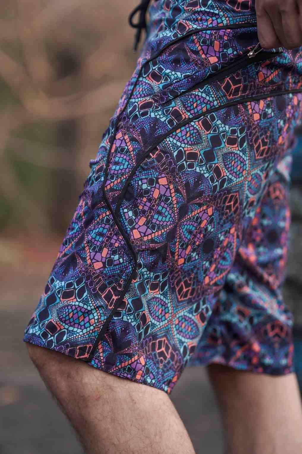 colorful geometric kaleidoscope print swim shorts detail