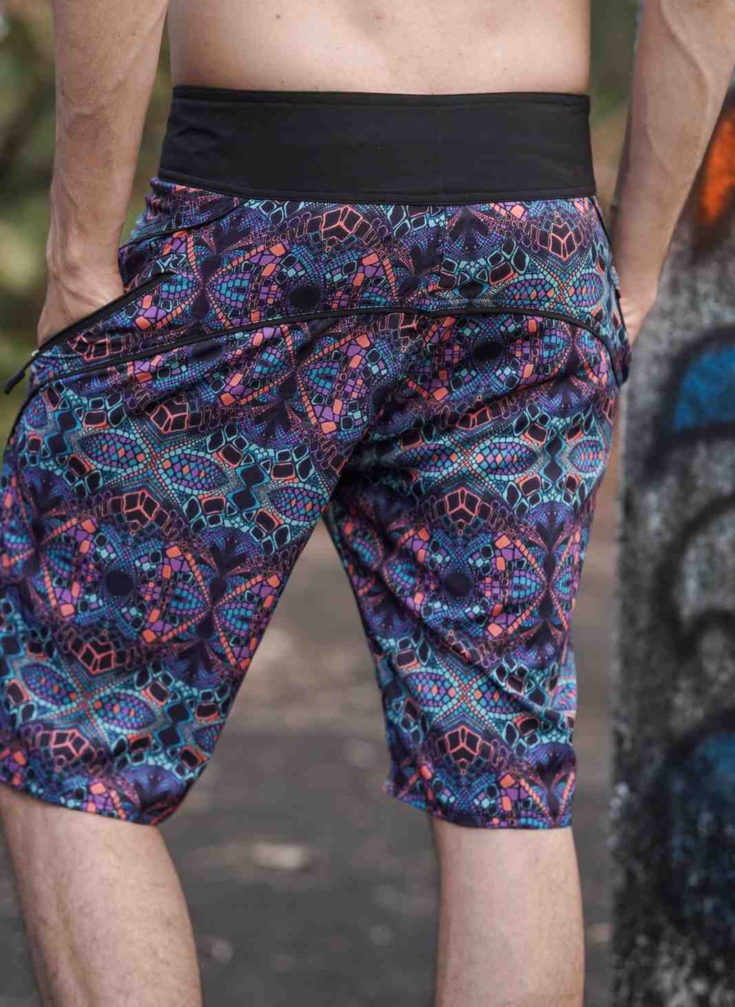 kaleidoscope printed board shorts for men back view festival shorts