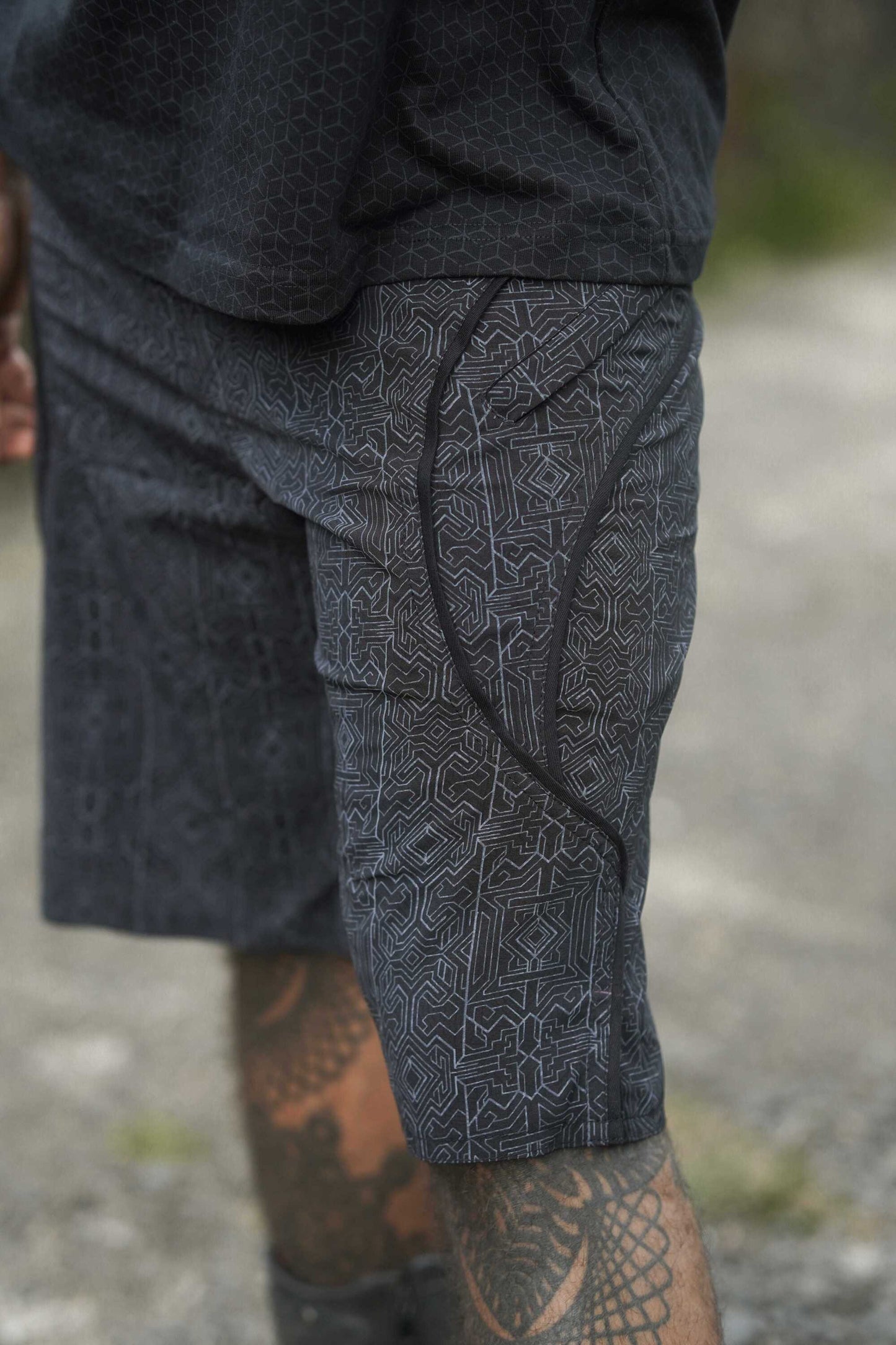 mens black cyberpunk board shorts zipper pocket detail