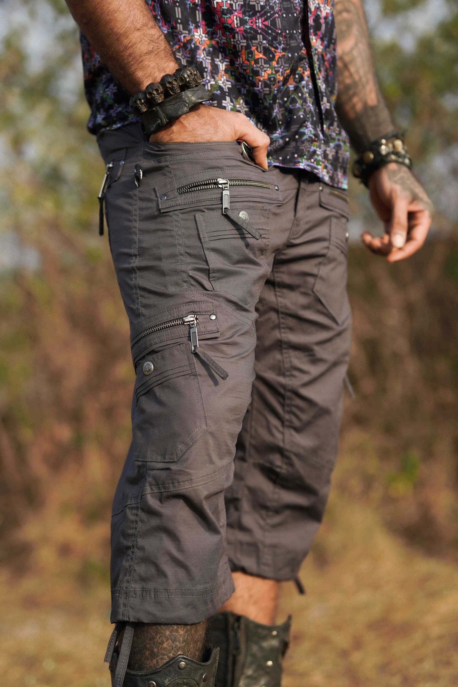 grey three quarter cargo shorts side pocket detail