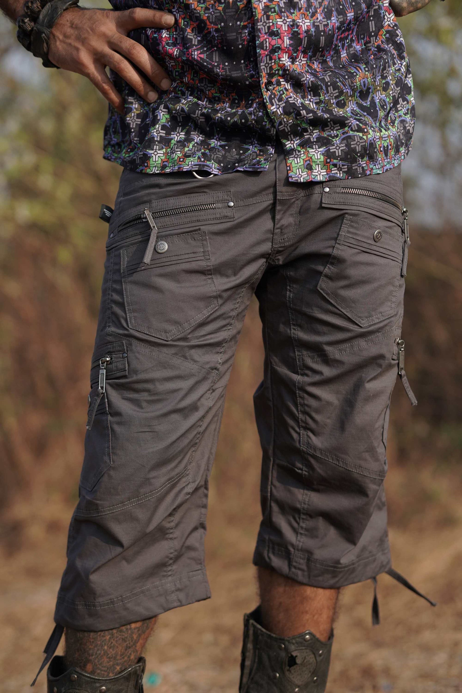festival cargo shorts grey multi pocket design