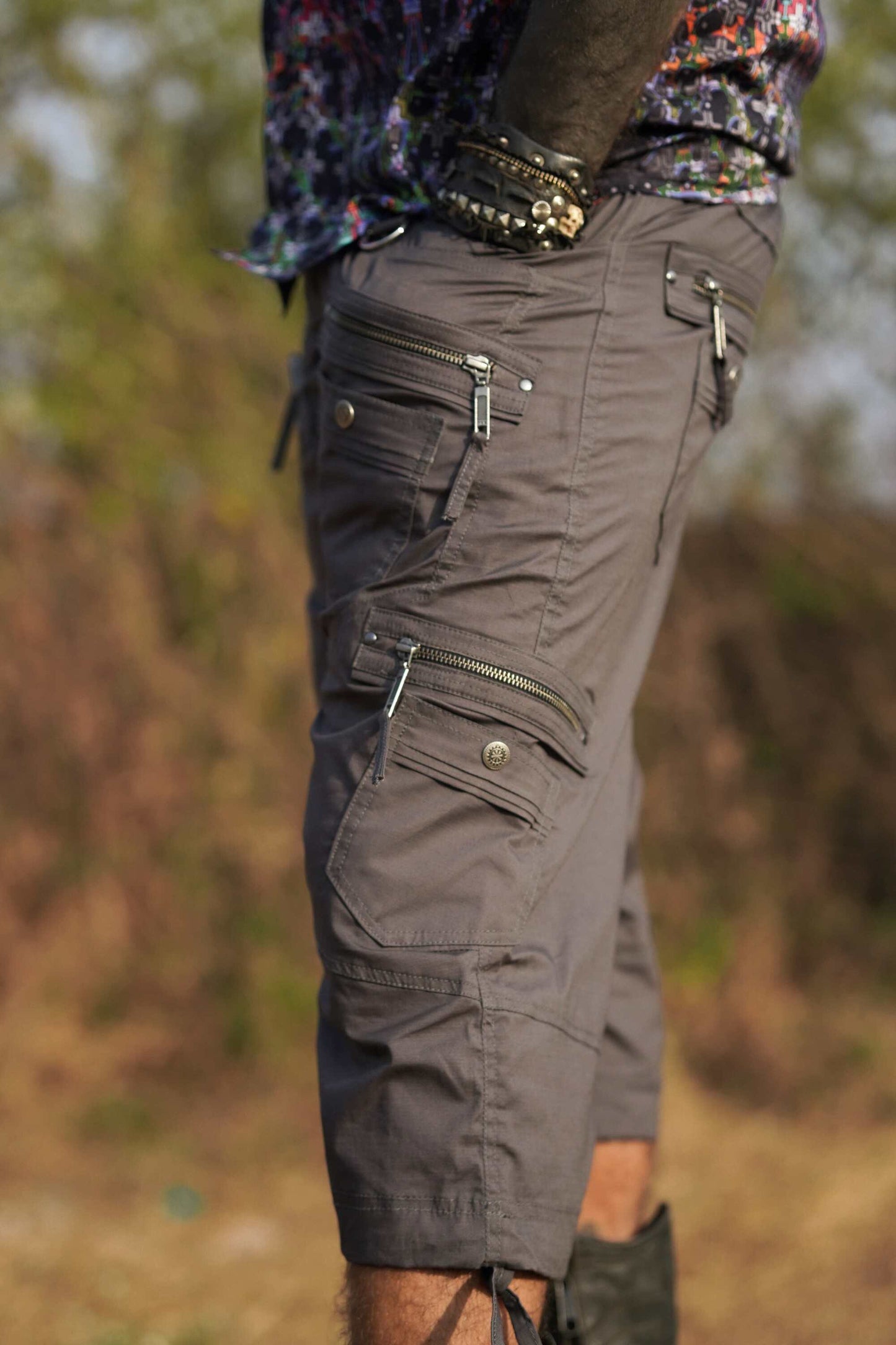 psytrance festival three quarter cargo shorts grey