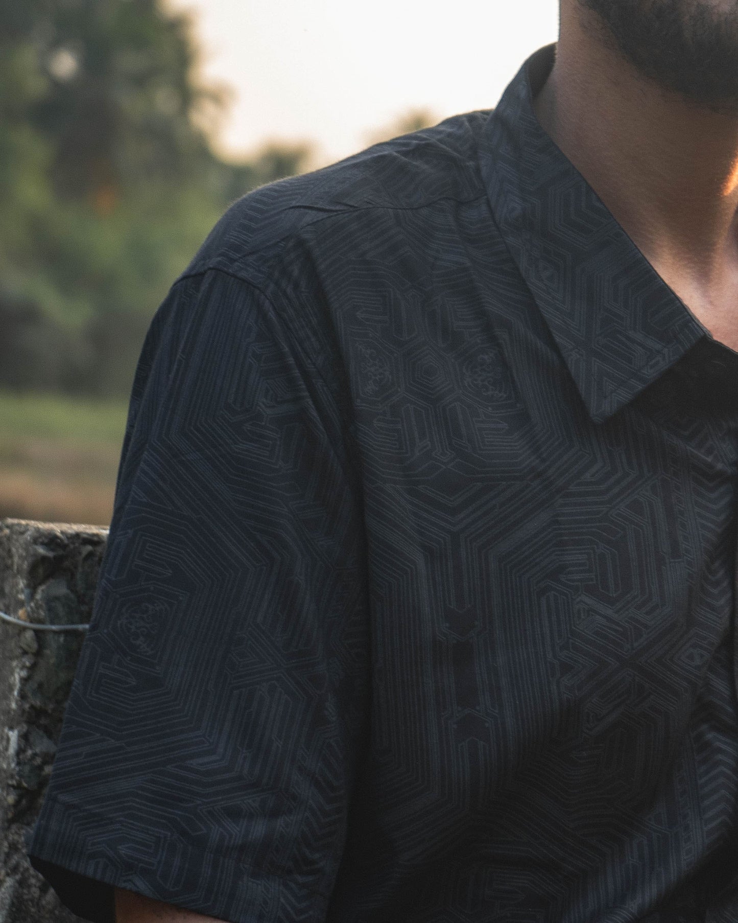 black viscose shirt for men cybernetic geometric print