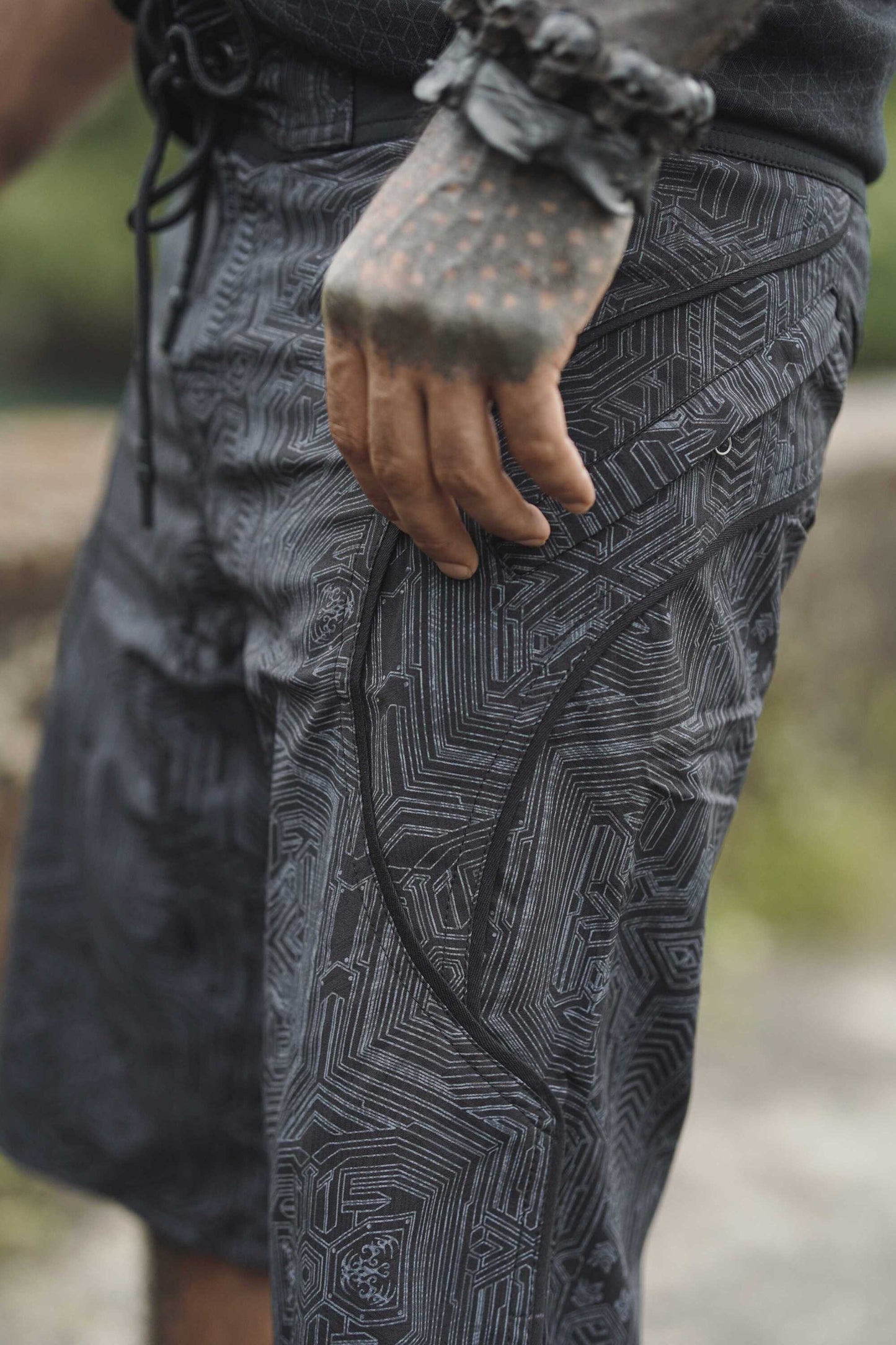 black cyberpunk swim shorts for men metanoia geometric pattern pocket detail