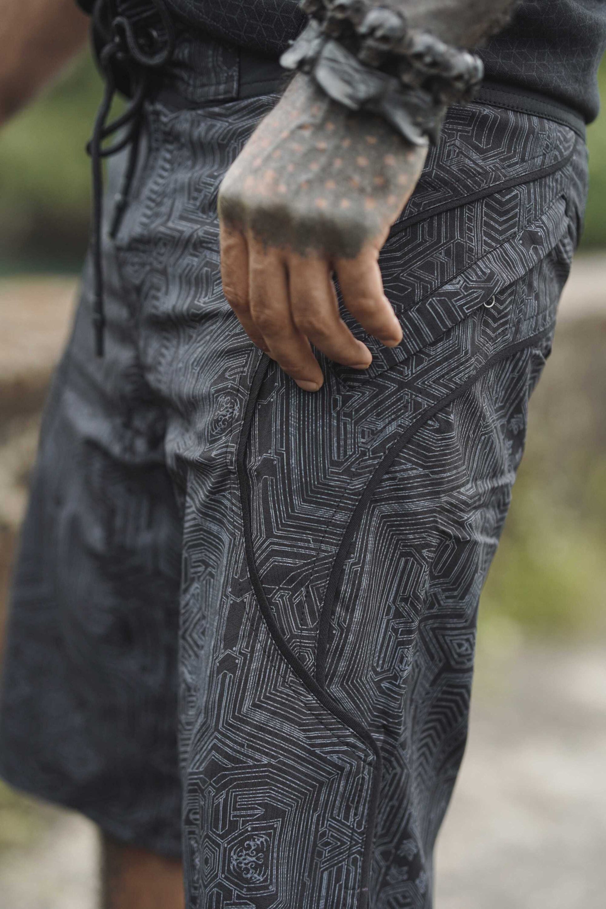 black cyberpunk swim shorts for men metanoia geometric pattern pocket detail