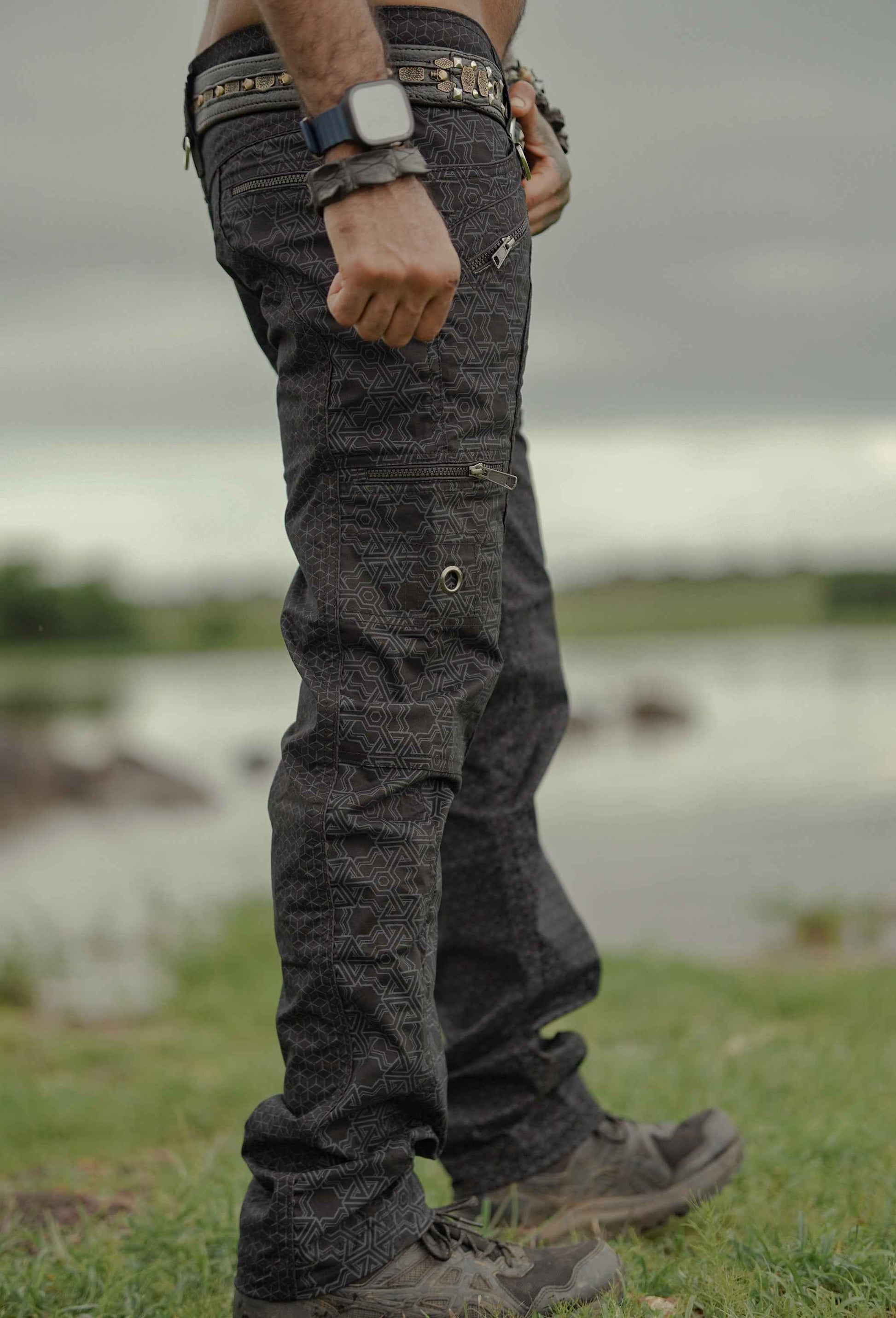 mens psychedelic pants side view relaxed fit cargo style