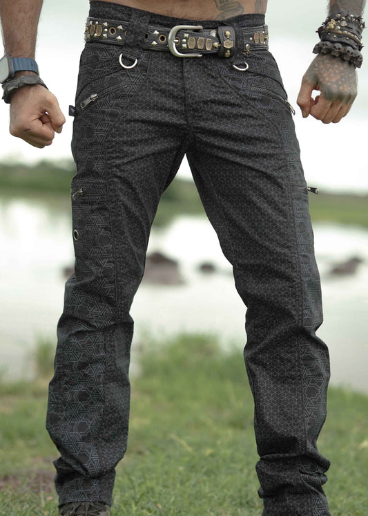 mens psychedelic pants black front view with geometric print