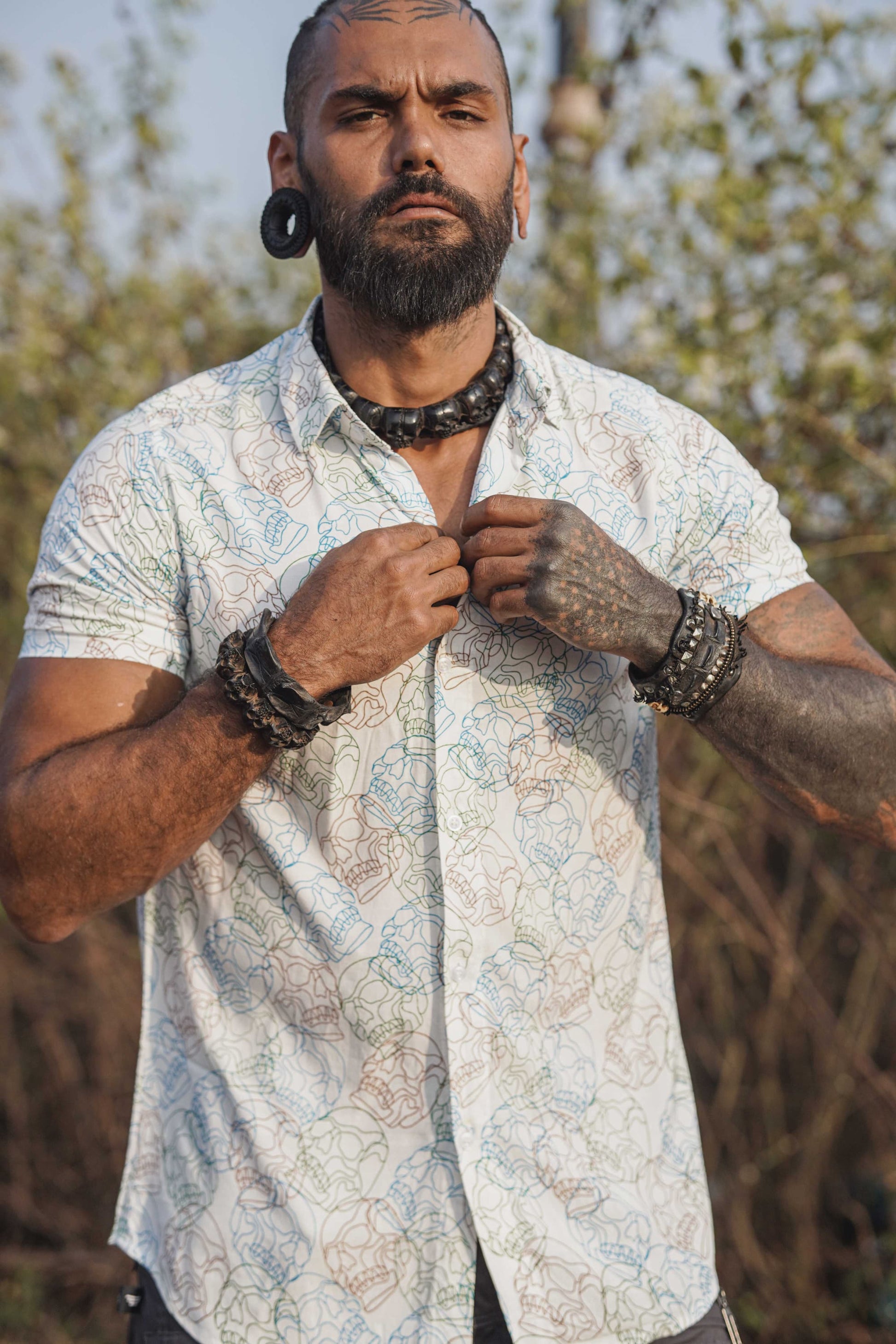 white skull print viscose shirt for men