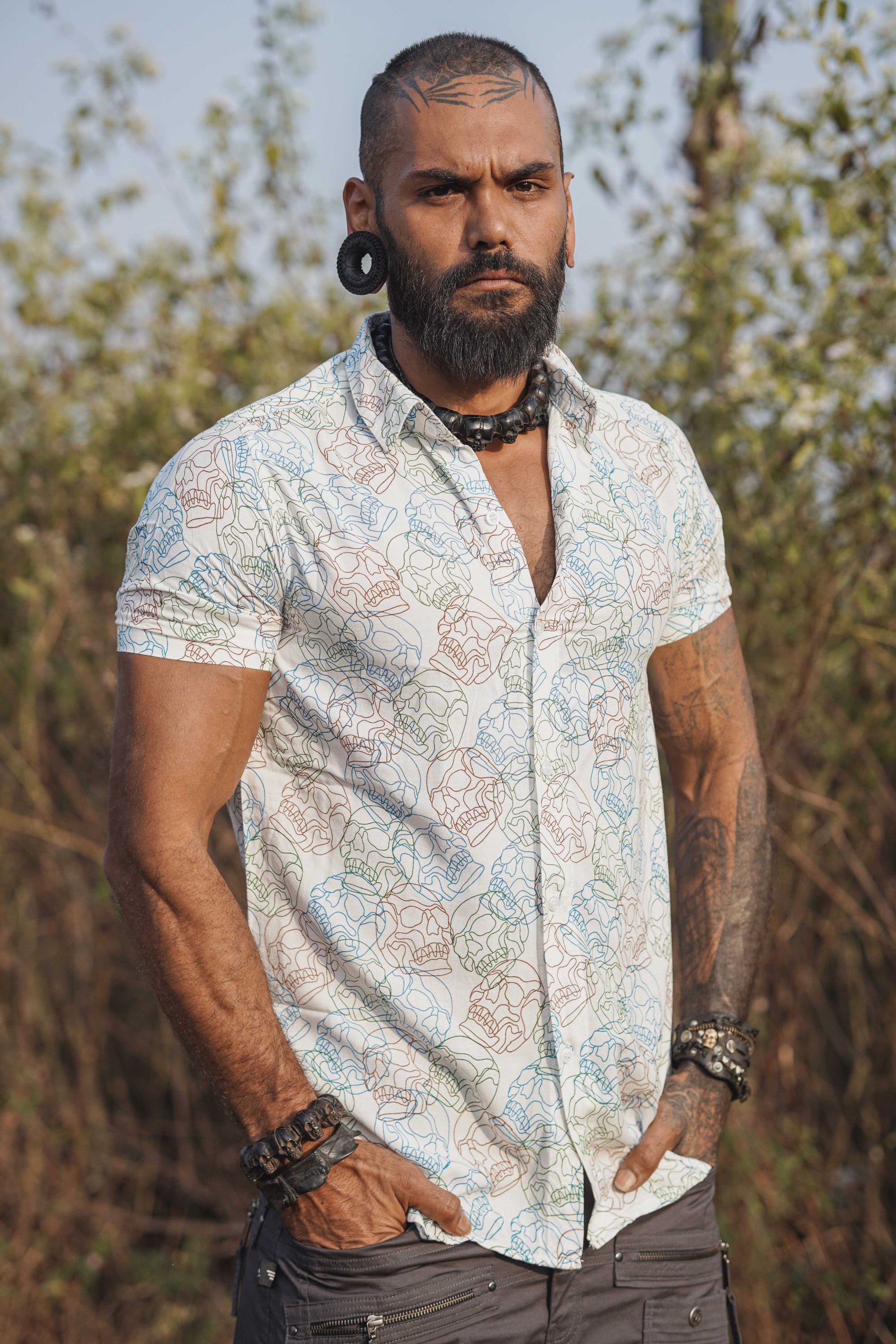 mens white skull print button up viscose shirt
