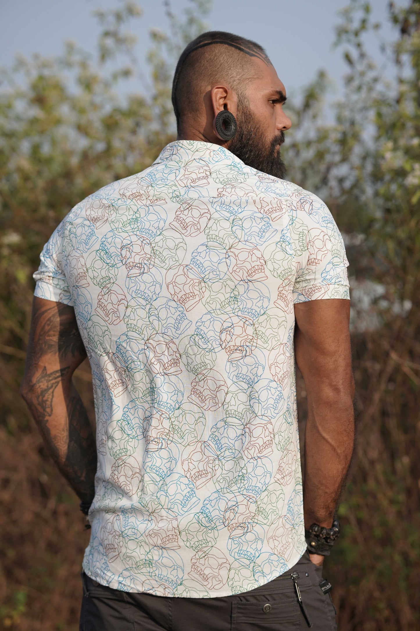 back view skull print viscose shirt men