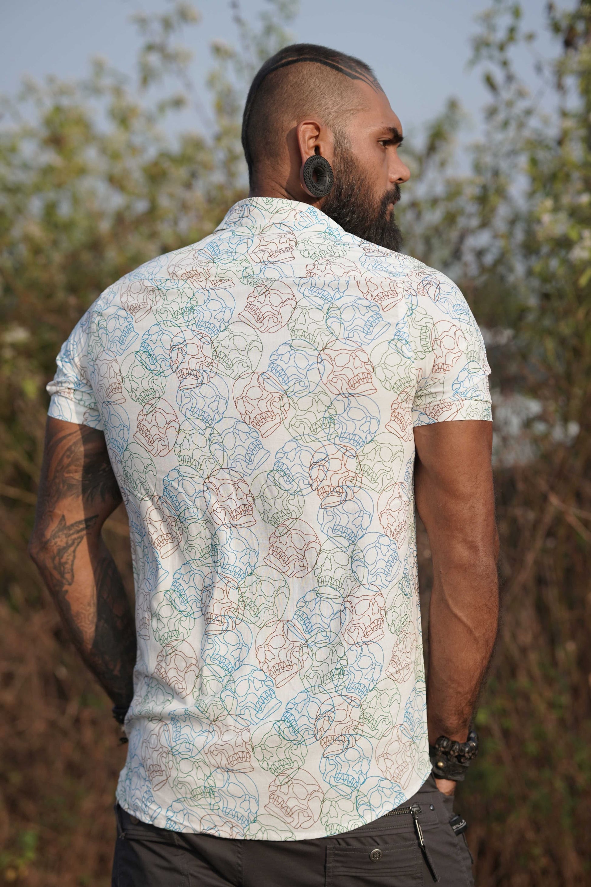 back view skull print viscose shirt men