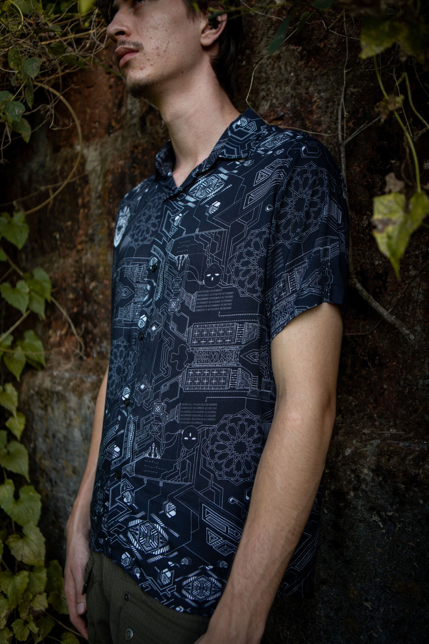 man wearing bamboo modal shirt with futuristic cyberpunk print