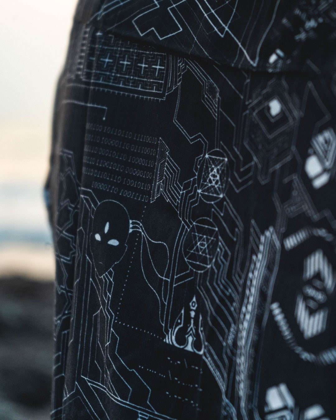 futuristic cyberpunk hud print bamboo fabric detail