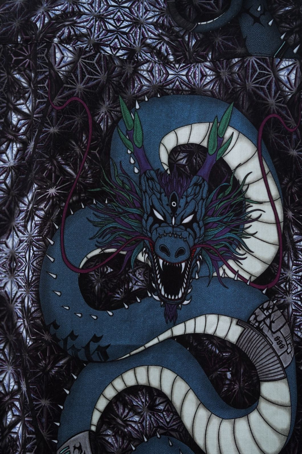 Close-up of psychedelic serpent artwork on back of bamboo sleeveless shirt inspired by sacred geometry