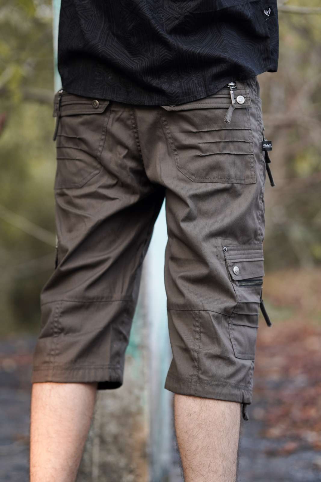 mens below knee cargo shorts khaki back view