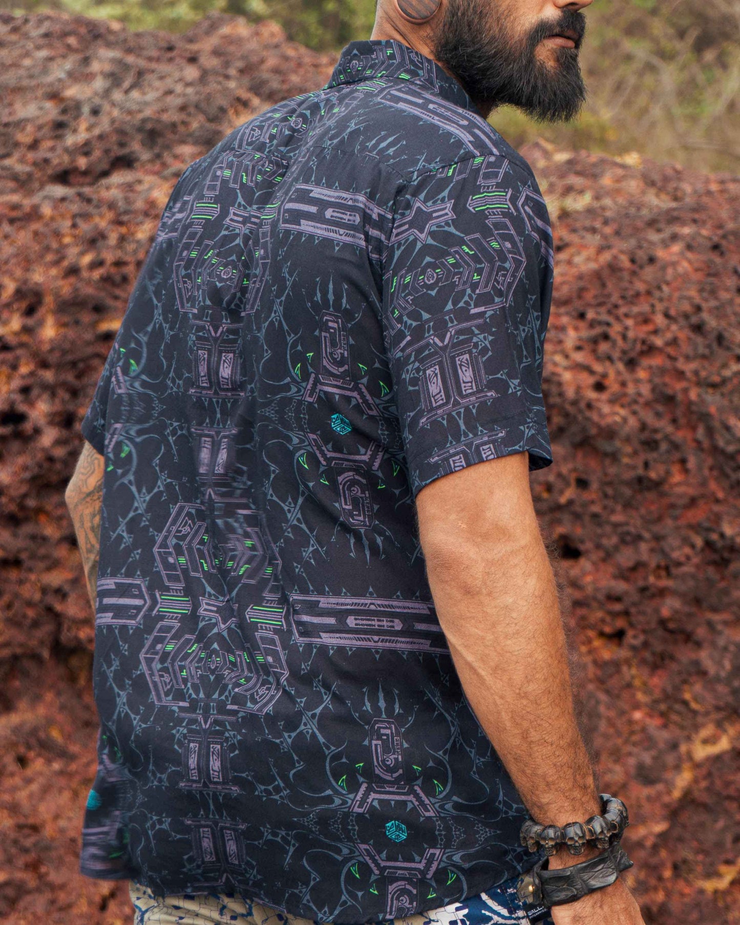 breathable bamboo modal shirt men featuring cyber punk pattern side angle