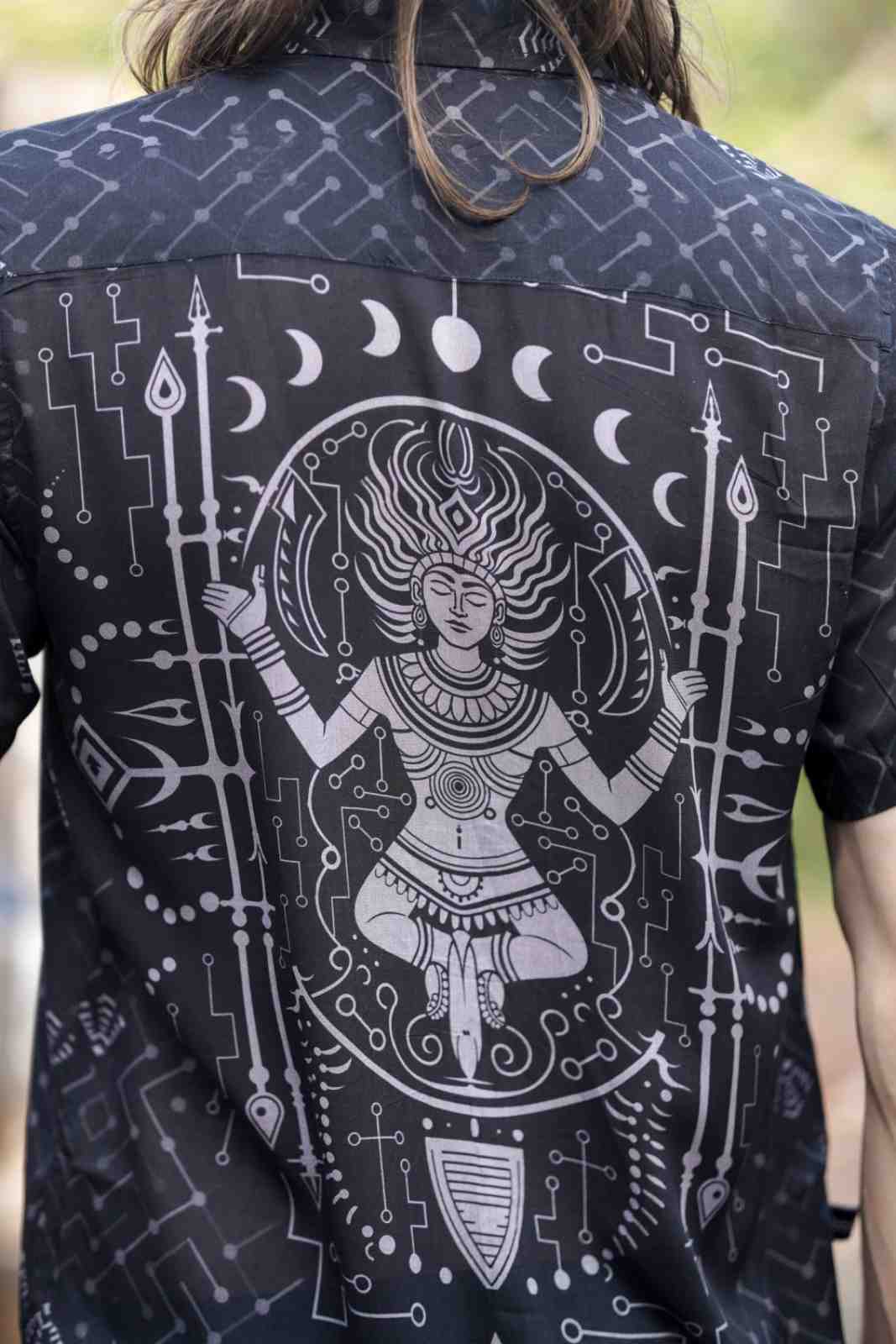 Detailed back print on Xibalba festival bamboo shirt