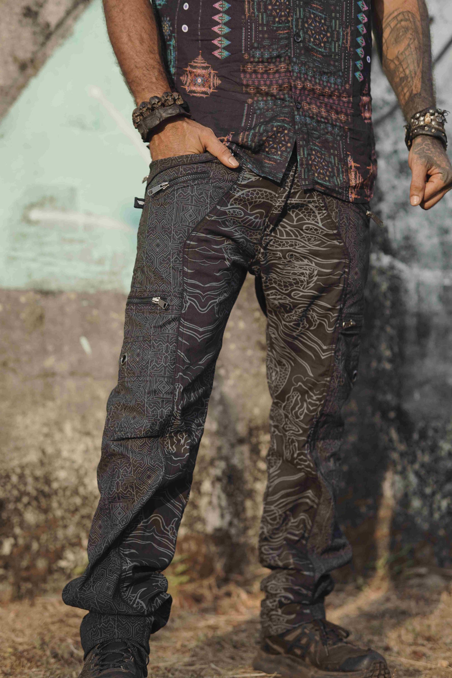 black streetwear cargo pants for men dragon codex relaxed fit utility design