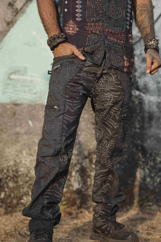 black streetwear cargo pants for men dragon codex relaxed fit utility design